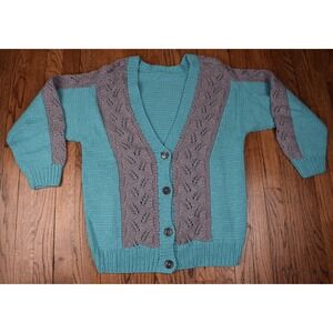 Vintage Hand Made Women's Blue Crochet Cardigan Long Sleeve Knit Size Large